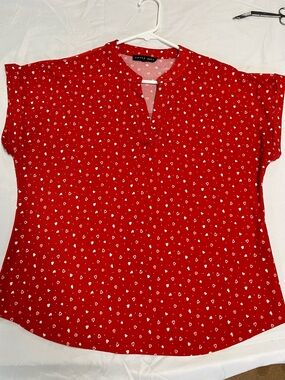 Red Heart-Print Split-Neck Blouse. Cuffed sleeve. Size large